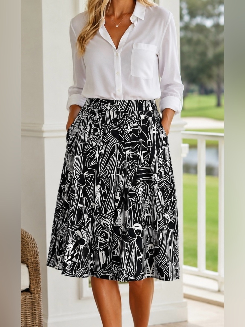 Carlisle Black White Abstract Print Midi A-Line Skirt Cotton S 4 Tennis Print